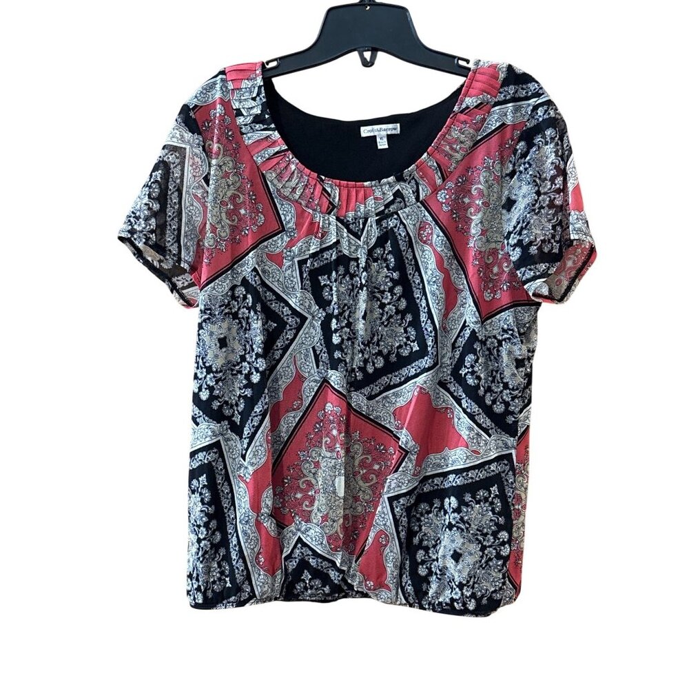 Womens Crofts & Barrow Paisley Scarf Print Blouse Elegant Short Sleeve Top XL